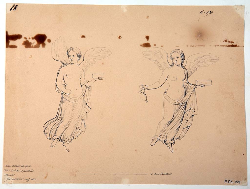 VI.5.3 Pompeii. Drawing by Giuseppe Abbate, 1844, of two vignettes of flying cupids, perhaps found in room 1, now disappeared. 
Now in Naples Archaeological Museum. Inventory number ADS 154.
Photo © ICCD. http://www.catalogo.beniculturali.it
Utilizzabili alle condizioni della licenza Attribuzione - Non commerciale - Condividi allo stesso modo 2.5 Italia (CC BY-NC-SA 2.5 IT)