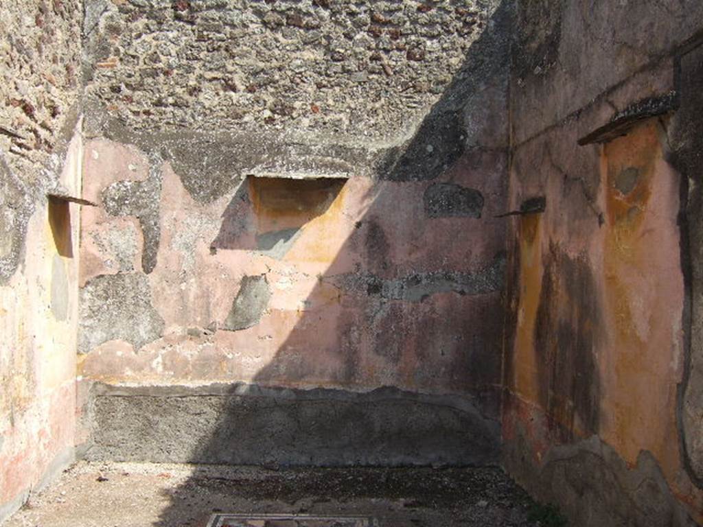VI.5.5 Pompeii. September 2005. Triclinium to the left behind the peristyle, in the north-east corner. Looking east. 
Helbig identifies in this room: “Room to the left behind the peristyle, Polyphemus, 1047, Oedipus, 1155, Leda, 151”.
See Helbig, W., 1868. Wandgemälde der vom Vesuv verschütteten Städte Campaniens. Leipzig: Breitkopf und Härtel. (1047, 1155, 151).
According to PPM, the walls of this room are described as being painted in IV style, above the red zoccolo/dado/plinth it was dividied into panels separated by compartments with painted plants, the middle area of the wall was painted yellow, but the upper zone was faded and colour unrecognisable.
The flooring was cocciopesto, with a border of black and white mosaics enclosing a rectangular area, also of cocciopesto but inserted with tiles and chippings of coloured marble. 
See Carratelli, G. P., 1990-2003. Pompei: Pitture e Mosaici. 4.  Roma: Istituto della enciclopedia italiana. (p.329, 330)