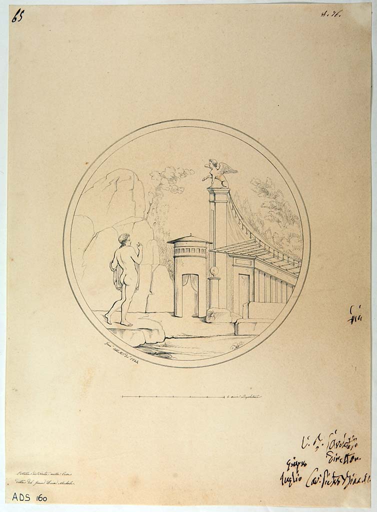 VI.5.5 Pompeii. 1844 drawing by Giuseppe Abbate showing remains of medallion with Oedipus questioning the Sphinx, (Helbig 1155),
Now in Naples Archaeological Museum. Inventory number ADS 160.
Photo © ICCD. http://www.catalogo.beniculturali.it
Utilizzabili alle condizioni della licenza Attribuzione - Non commerciale - Condividi allo stesso modo 2.5 Italia (CC BY-NC-SA 2.5 IT)