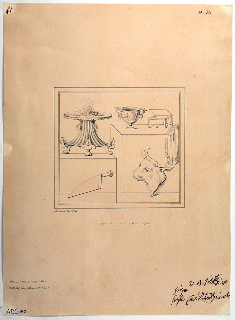 VI.5.5 Pompeii. 1844 drawing by Giuseppe Abbate showing instruments and elements relating to the sacrifice, including amongst others, the cup, the knife and the head of the ox. (Helbig 1774).
Now in Naples Archaeological Museum. Inventory number ADS 152.
Photo © ICCD. http://www.catalogo.beniculturali.it
Utilizzabili alle condizioni della licenza Attribuzione - Non commerciale - Condividi allo stesso modo 2.5 Italia (CC BY-NC-SA 2.5 IT)