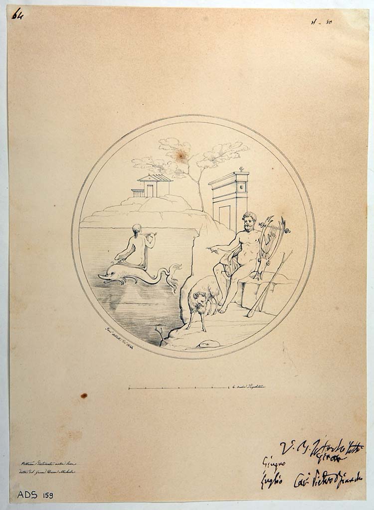VI.5.5 Pompeii. Pen and ink drawing of Polyphemus and Galatea, by Giuseppe Abbate (1844), from south wall of triclinium. 
Now in Naples Archaeological Museum. Inventory number ADS 159.
Photo © ICCD. http://www.catalogo.beniculturali.it
Utilizzabili alle condizioni della licenza Attribuzione - Non commerciale - Condividi allo stesso modo 2.5 Italia (CC BY-NC-SA 2.5 IT)