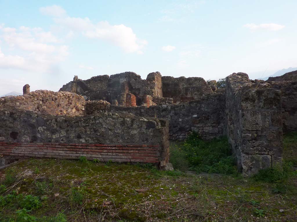 VI.5.9 Pompeii. November 2021. 
Looking south from garden area towards doorway to triclinium, in centre, and doorway to room on its west side, on right. 
Photo courtesy of Hélène Dessales