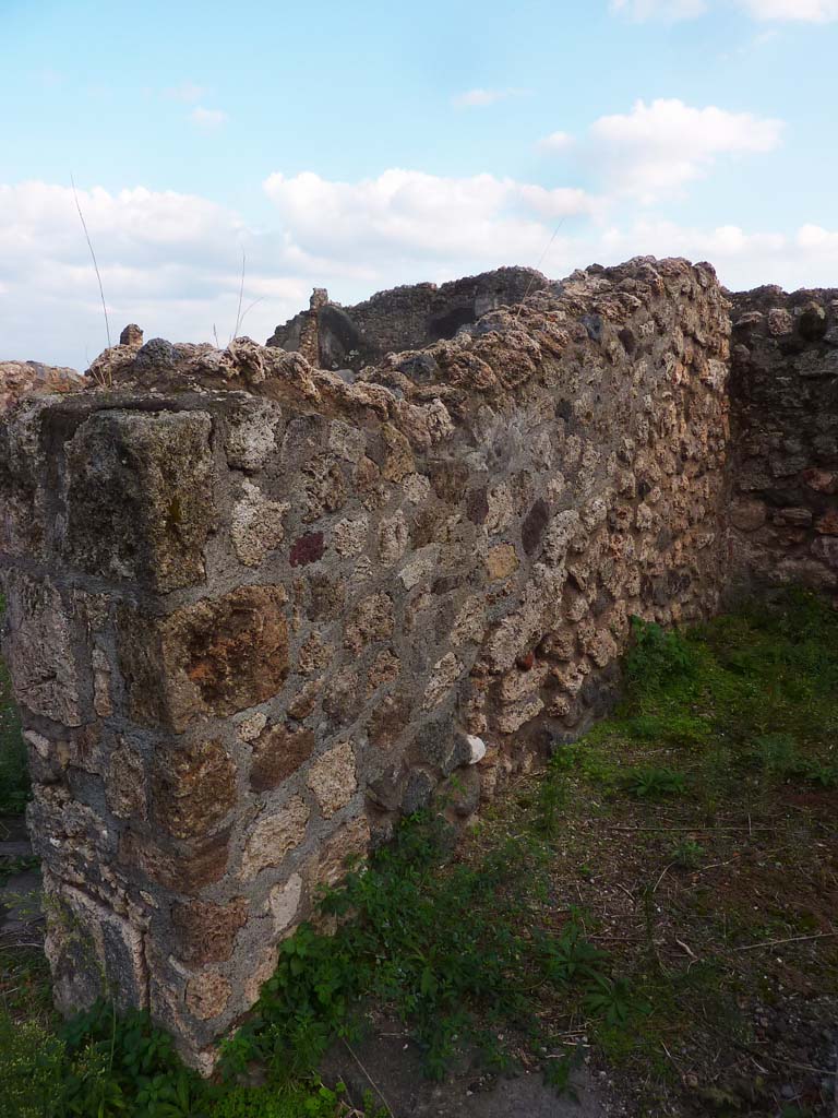 VI.5.9 Pompeii. November 2021. 
Pilaster of doorway and wall between triclinium, on left, and room on west side, on right. Photo courtesy of Hélène Dessales.