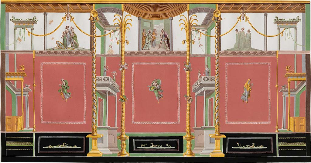 VI.5.13 Pompeii. 1852. Painting of atrium wall showing positions of other paintings.
See Zahn, W., 1852. Die schönsten Ornamente und merkwürdigsten Gemälde aus Pompeji, Herkulanum und Stabiae: III. Berlin: Reimer. (T: 44).