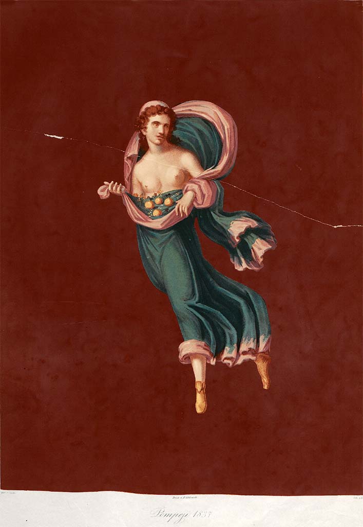 VI.5.13 Pompeii. 1837. Painting by Zahn of the flying figure of Autumn. 
This was one of the Seasons that would have been seen on the atrium wall.
According to Zahn, this was discovered on 31st March 1837 in the presence of the Grand Duke Michel of Russia.
See Zahn, W., 1842-44. Die schönsten Ornamente und merkwürdigsten Gemälde aus Pompeji, Herkulanum und Stabiae: II. Berlin: Reimer, taf. 47.