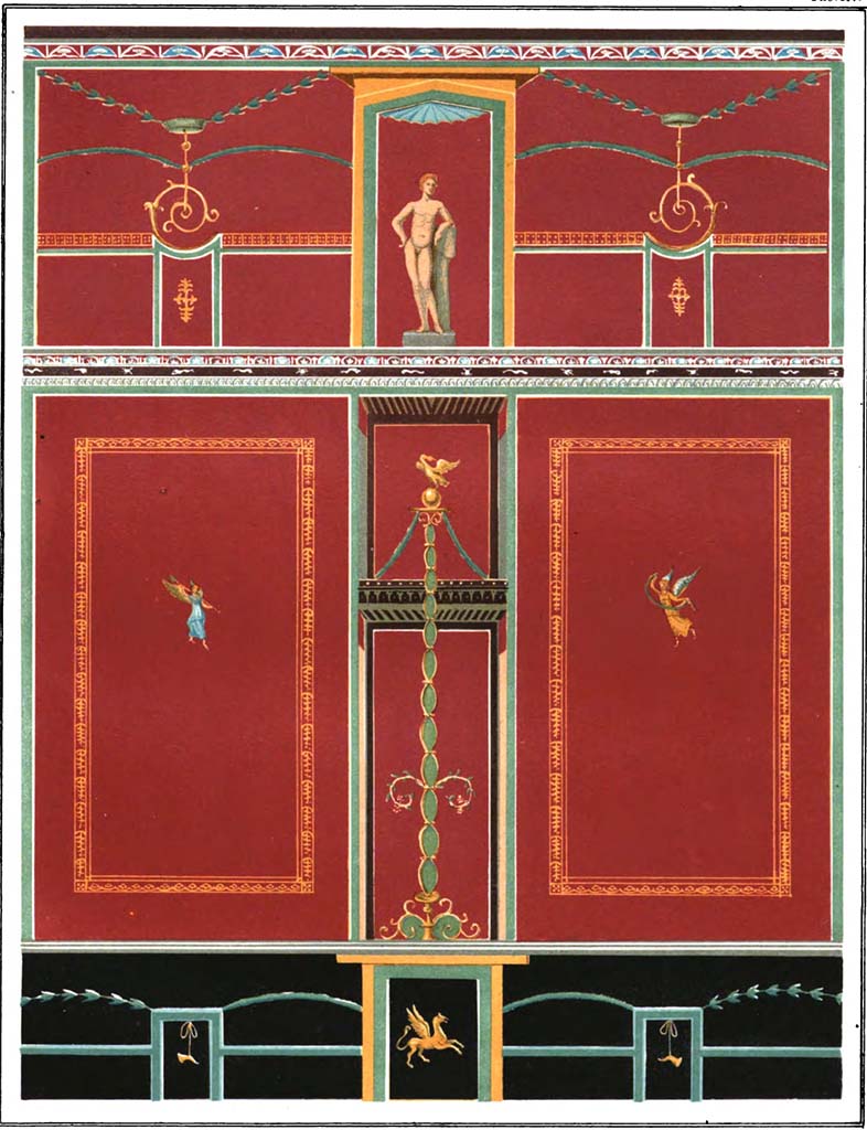 VI.5.16 Pompeii. Chromolithograph by Vittorio Steeger from a design by G. Discanno of a painted wall in ala.
See Presuhn, E and Steeger, V. Le piu belle pareti di Pompei, (II, Tav.IV).