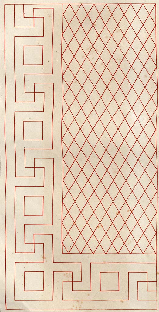 VI.6.1 Pompeii. Drawing by Zahn of  floor mosaic, possibly from east ala, or from an unknown room.
See Zahn, W., 1828. Die schönsten Ornamente und merkwürdigsten Gemälde aus Pompeji, Herkulanum und Stabiae: I. Berlin: Reimer. (pl.87)