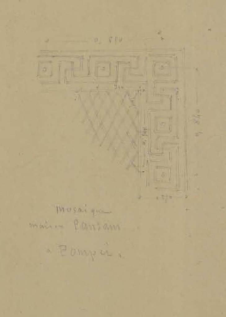 VI.6.1 Pompeii. Sketch by Lesueur, described as "Mosaïque, Maison Pansam a Pompei".
See Lesueur, Jean-Baptiste Ciceron. Voyage en Italie de Jean-Baptiste Ciceron Lesueur (1794-1883), pl. 40.
See Book on INHA reference INHA NUM PC 15469 (04)  « Licence Ouverte / Open Licence » Etalab