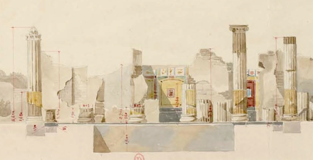 VI.6.1 Pompeii. July 1826, part of drawing by P.A. Poirot. Looking towards six columns on west side of peristyle and decorated rooms.
See Poirot, P. A., 1826. Carnets de dessins de Pierre-Achille Poirot. Tome 2 : Pompeia, pl. 17.
See Book on INHA  Document placé sous « Licence Ouverte / Open Licence » Etalab