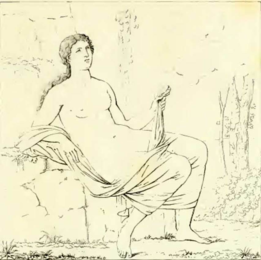 VI.6.1 Pompeii. 1825. Room 15, cubiculum on west side of peristyle. 
Drawing of painting of Danae receiving the golden rain of Zeus.
See Real Museo Borbonico, Vol. 2, Pl. 36. Napoli: 1825.
See Helbig, W., 1868. Wandgemälde der vom Vesuv verschütteten Städte Campaniens. Leipzig: Breitkopf und Härtel. (115).