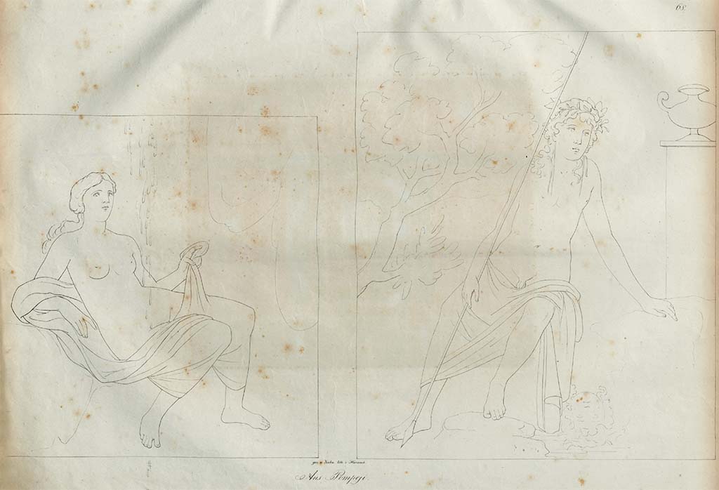 VI.6.1 Pompeii. Pre-1828. Room 15, sketch by Zahn of Danae, on the left.
On the right is a sketch of Narcissus, according to Zahn, 1828, this was from the Pantheon, according to his 1842 version, this was from VII.9.63/60, and already entered there. 
See Zahn, W., 1828. Die schönsten Ornamente und merkwürdigsten Gemälde aus Pompeji, Herkulanum und Stabiae: I. Berlin: Reimer, taf. 68.