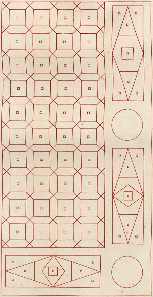 VI.6.1 Pompeii. Drawing by Zahn of floor mosaic.
According to Zahn, this floor is in the courtyard by the impluvium; where the circles can be seen there are pillars.
See Zahn, W., 1828. Die schönsten Ornamente und merkwürdigsten Gemälde aus Pompeji, Herkulanum und Stabiae: I. Berlin: Reimer. (pl. 87)