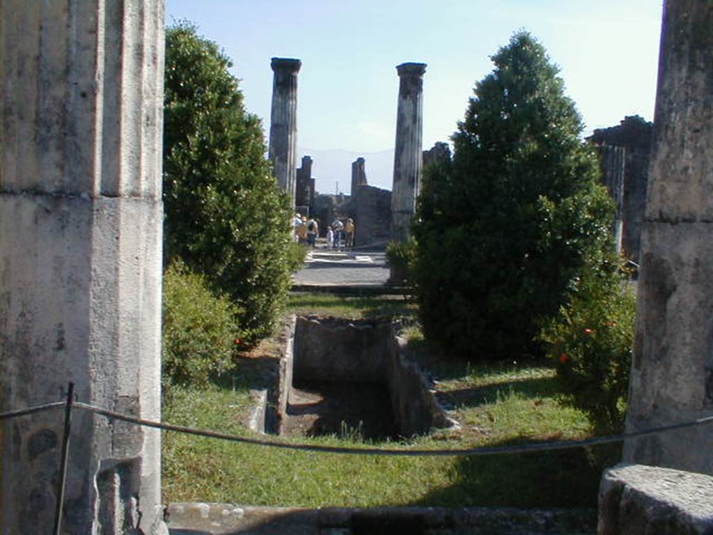 VI.6.1 Pompeii. September 2004. Looking south across pool in peristyle, towards tablinum, atrium and entrance. According to Jashemski, the portico was two steps above the level of the tablinum.