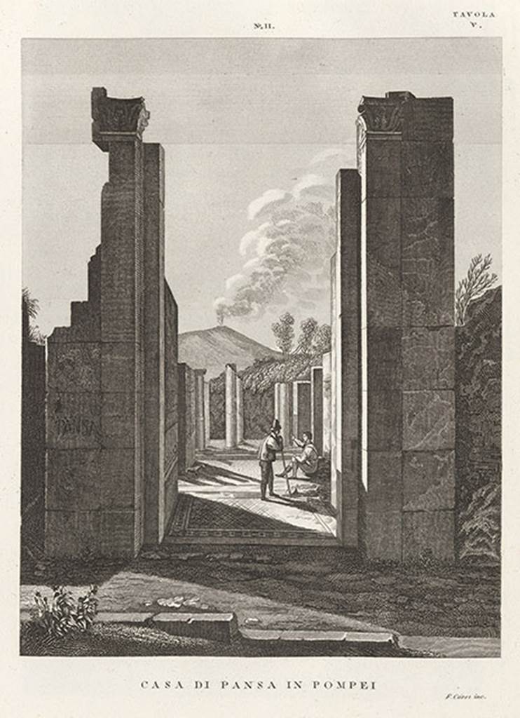 VI.6.1 Pompeii. 1845 drawing of entrance with PANSA on left pillar.
See Zuccagni Orlandini, A., 1845. Atlante Illustrativo ossia raccolta dei principali monumenti italiani antichi, del medioevo e moderni e di alcune vedute pittoriche: Vol III: Regno delle due Sicilie. Firenze, Tav. V, n.2.