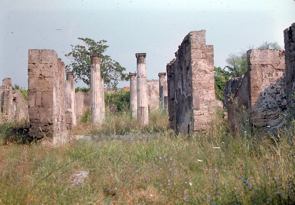 VI.6.1 Pompeii, August 1976. Looking north across atrium, through tablinum to peristyle.
Photo courtesy of Rick Bauer, from Dr George Fay’s slides collection.