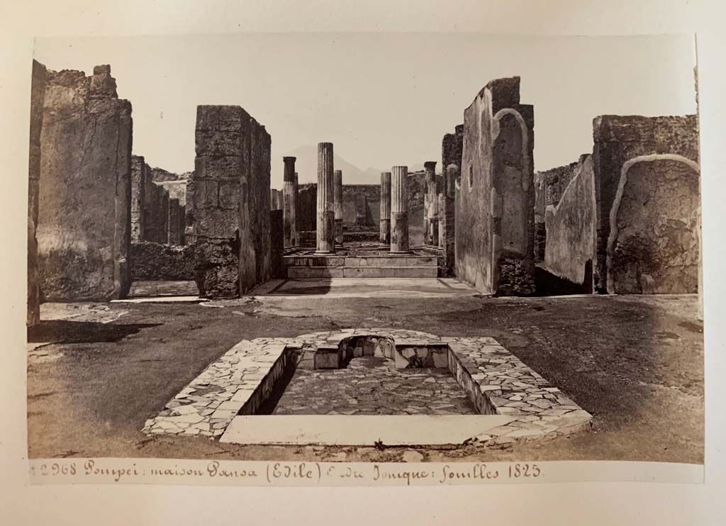 VI.6.1 Pompeii. Album by M. Amodio, c.1880, entitled “Pompei, destroyed on 23 November 79, discovered in 1748”.
Looking north across impluvium in atrium to peristyle. Photo courtesy of Rick Bauer.