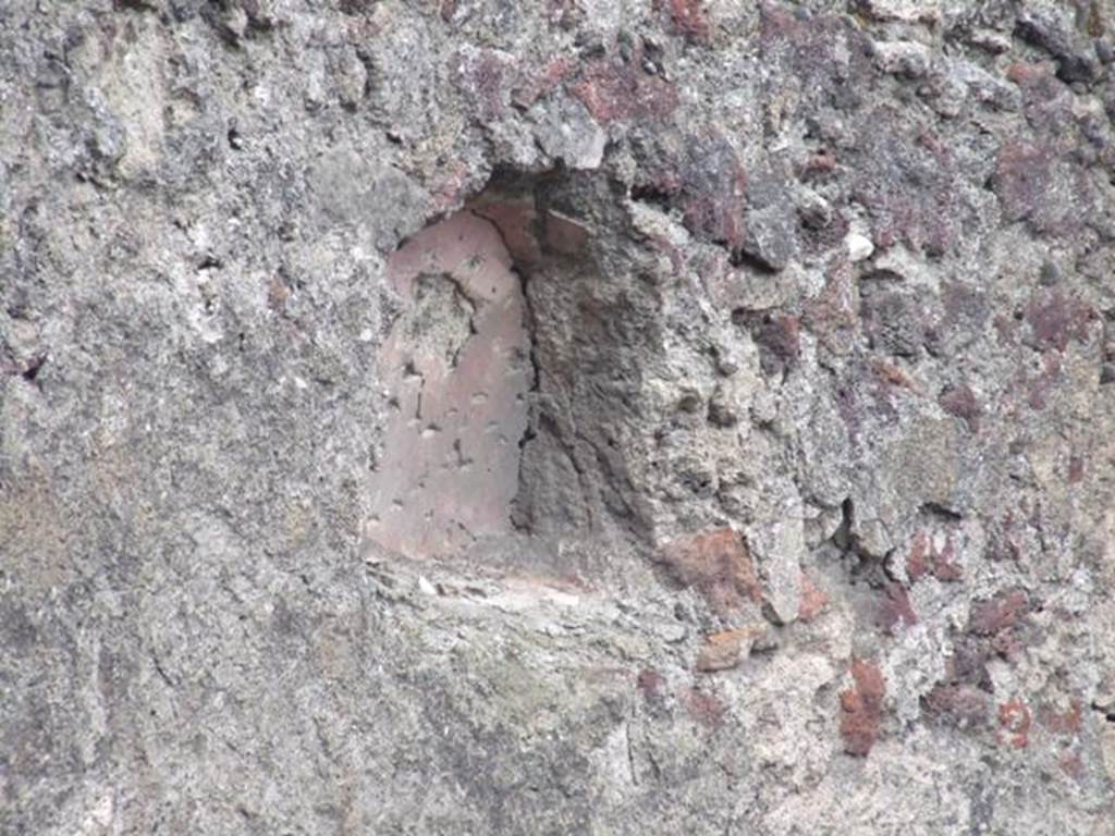 VI.6.2 Pompeii. December 2007.  Niche on west wall. According to Boyce, on the west wall was an arched niche, called by Fiorelli la nicchia dei Penati.
See Boyce G. K., 1937. Corpus of the Lararia of Pompeii. Rome: MAAR 14. (p. 47, no. 157)  See Pappalardo, U., 2001. La Descrizione di Pompei per Giuseppe Fiorelli (1875). Napoli: Massa Editore. (p. 55)