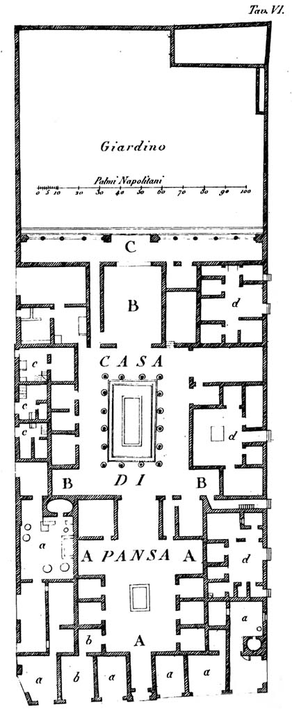 VI.6.10 Pompeii. c.1836. Plan of House of Pansa, VI.6.1 main entrance in lower centre.
The entrance doorway to this part of the house (marked "d") is shown as the sixth and seventh entrance from the lower right corner, on the east side of the insula.
See De Jorio, A., 1836. Guida di Pompei. Napoli: Fibrena, tav.VI.