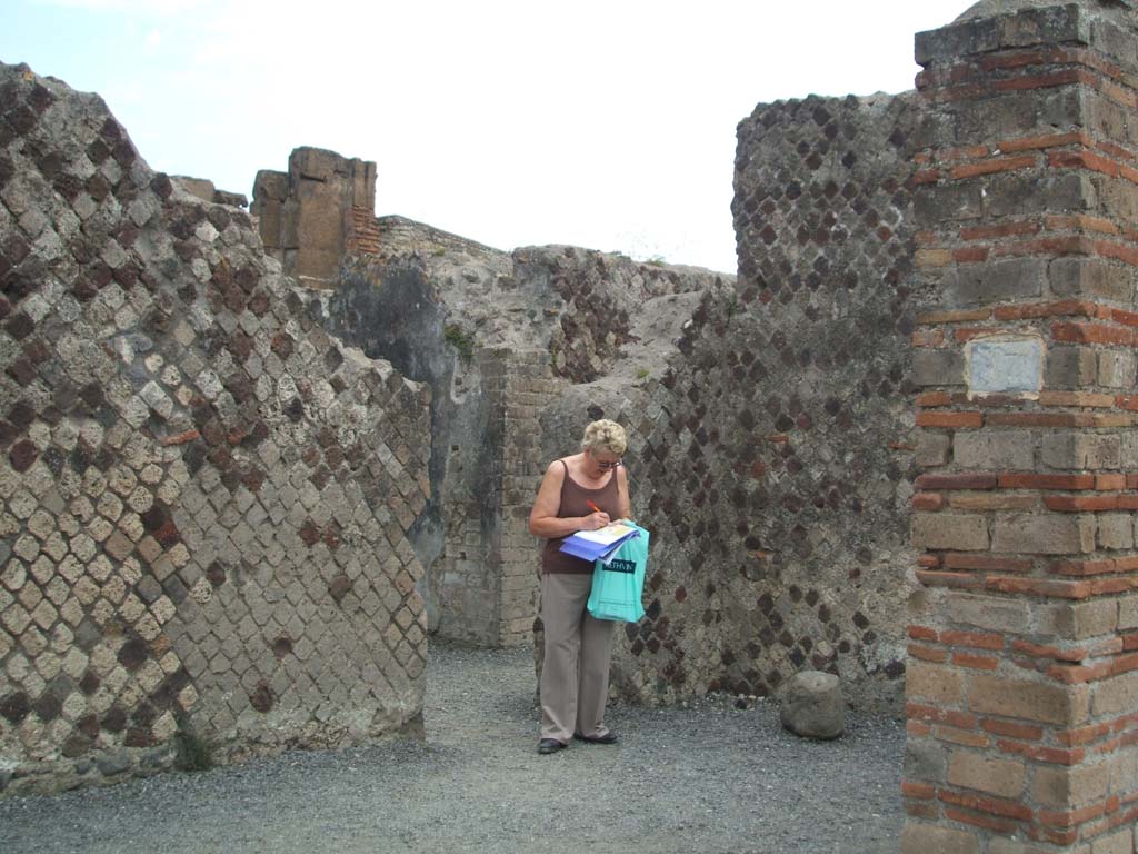 VI.6.17 Pompeii. May 2005. Looking towards south-east corner of entrance room or vestibule.
Looking towards doorway to rear small room linking with VI.6.20/21.  
According to Boyce and Fiorelli, on a wall of the room entered at number 17 was painted a serpent and beneath it a tile projected for offerings.
See Boyce G. K., 1937. Corpus of the Lararia of Pompeii. Rome: MAAR 14.  (p.47, no.158)
See Pappalardo, U., 2001. La Descrizione di Pompei per Giuseppe Fiorelli (1875). Napoli: Massa Editore. (p.56)
According to Stefani, the lararium was found on the west wall of VI.6.20. (see VI.6.20 and 21).
See Stefani, G. (2005): Pompei. Un Panificio: in Cibi e Sapori a Pompei e dintorni, (p.139).