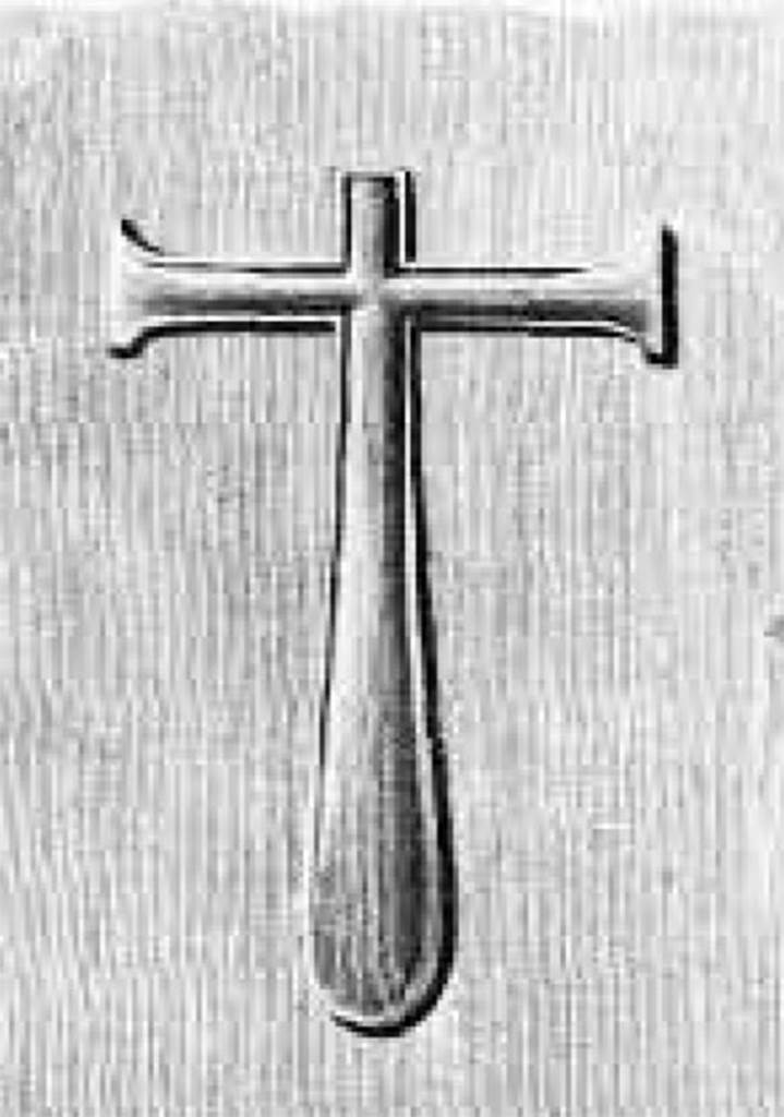 VI.6.20-21 Pompeii. 1824 drawing relief of a cross in stucco. See Mazois, F., 1824. Les Ruines de Pompei: Second Partie. Paris: Firmin Didot, p. 88. According to Stefani, this bakery was called “the bakery of the Christians” (Panificio dei Christiani) because of the relief of a cross in stucco, now vanished. This was found on the east wall of the shop, and was wrongly interpreted as a cross, the symbol of Christianity. See Stefani, G. (2005): Pompei. Un Panificio: in Cibi e Sapori a Pompei e dintorni, (p. 139). According to Della Corte, discovered in 1813 on the east wall in view of the road, was a panel of white stucco. On this panel in bas-relief was a Christian cross, although stylised, it was an object of veneration found opposite the pagan lararium. See Della Corte, M., 1965.  Case ed Abitanti di Pompei. Napoli: Fausto Fiorentino. (p.115).