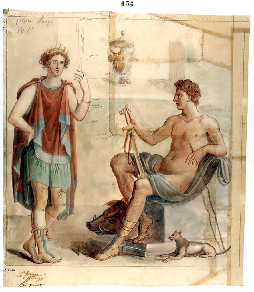 VI.7.3 Pompeii. Painting attributed to Giuseppe Marsigli, dated 15th March 1836, showing Artemis with a hunting companion. 
According to Helbig, this showed Achilles and Patroclus, but it has now faded and disappeared.
Now in Naples Archaeological Museum. Inventory number ADS 164.
Photo © ICCD. http://www.catalogo.beniculturali.it
Utilizzabili alle condizioni della licenza Attribuzione - Non commerciale - Condividi allo stesso modo 2.5 Italia (CC BY-NC-SA 2.5 IT)