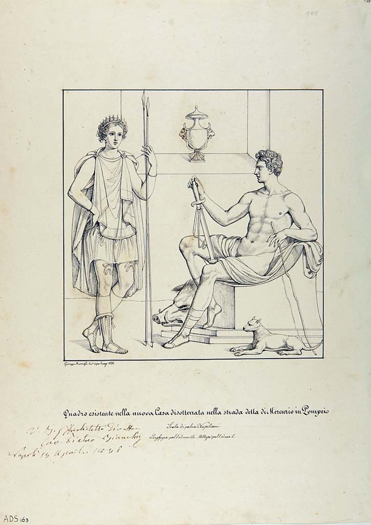 VI.7.3 Pompeii. Pen and ink drawing by Giuseppe Marsigli, 1836, showing Artemis with a hunting companion. 
Now in Naples Archaeological Museum. Inventory number ADS 163.
Photo © ICCD. http://www.catalogo.beniculturali.it
Utilizzabili alle condizioni della licenza Attribuzione - Non commerciale - Condividi allo stesso modo 2.5 Italia (CC BY-NC-SA 2.5 IT)