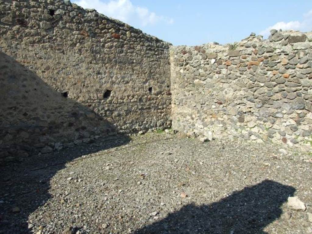 VI.7.3 Pompeii. March 2009. Room 6, north-east corner of garden area.
 According to Jashemski, there was a small garden at the rear of the house.
This was reached by a passageway on the right of the tablinum. The gutter along the north, east and south edges of the garden is now destroyed.
See Jashemski, W. F., 1993. The Gardens of Pompeii, Volume II: Appendices. New York: Caratzas. (p.129)