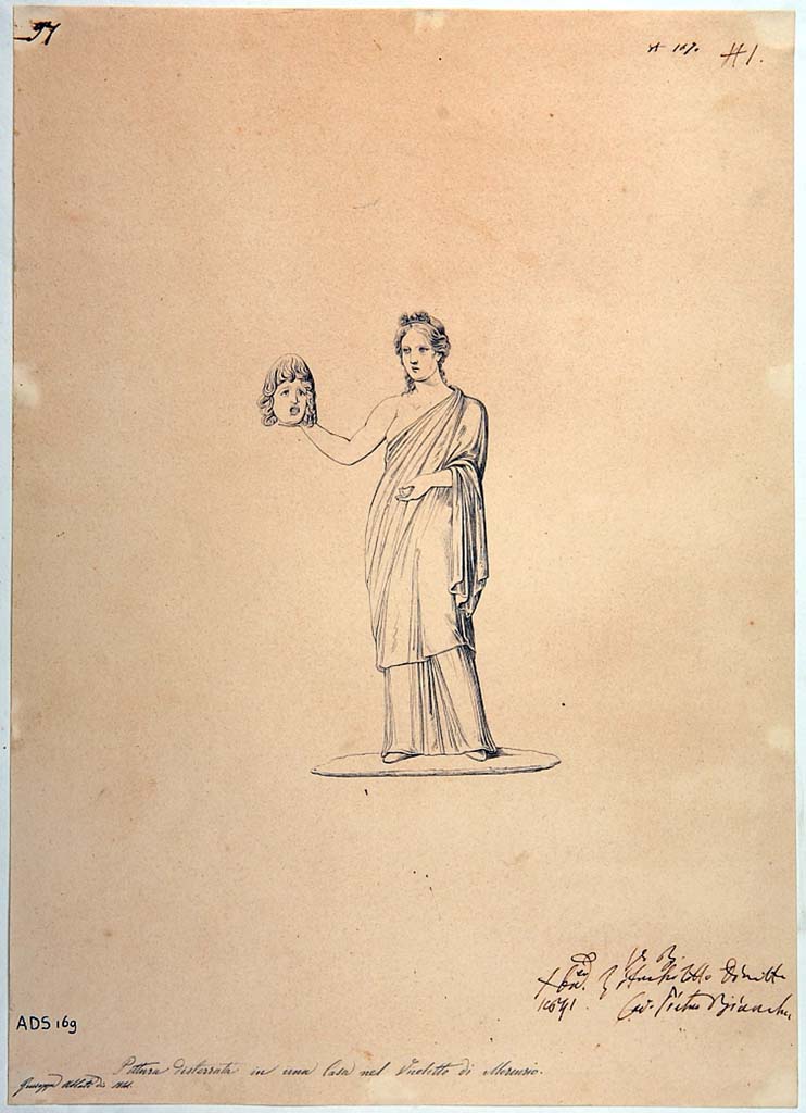 VI.7.6 Pompeii. Room 10, west end of south wall of triclinium. 
The outline shape of a Muse has been recognised in the plaster on a red painted panel, and this has been recognised as Thalia with a feminine mask in her right hand. Helbig wrongly described a masculine mask in her right hand.
See Helbig, W., 1868. Wandgemälde der vom Vesuv verschütteten Städte Campaniens. Leipzig: Breitkopf und Härtel, 883.
See Carratelli, G. P., 1990-2003. Pompei: Pitture e Mosaici: Vol. IV. Roma: Istituto della enciclopedia italiana, (p.379, no.13 and p.381 no.14)
Now in Naples Archaeological Museum. Inventory number ADS 169.
Photo © ICCD. http://www.catalogo.beniculturali.it
Utilizzabili alle condizioni della licenza Attribuzione - Non commerciale - Condividi allo stesso modo 2.5 Italia (CC BY-NC-SA 2.5 IT)