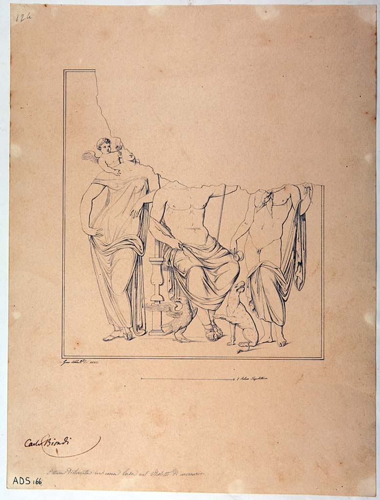 VI.7.6 Pompeii. Room 10, north wall of triclinium. 
Pen and ink drawing of painting in centre of north wall by Giuseppe Abbate (1842).
This painting would have shown Zeus, Dionysius and Aphrodite, but it has now faded and disappeared. 
Now in Naples Archaeological Museum. Inventory number ADS 166.
Photo © ICCD. https://www.catalogo.beniculturali.it
Utilizzabili alle condizioni della licenza Attribuzione - Non commerciale - Condividi allo stesso modo 2.5 Italia (CC BY-NC-SA 2.5 IT)
Kuivalainen describes -
A composition of three larger frontal figures, whose head were damaged when found.
Kuivalainen comments –
This wall painting illustrates a rare combination of Venus, Jupiter and Bacchus, all with their characteristic companions or attributes.
Bacchus is the only one with bare feet. The remaining paintings of this triclinium do not provide any insight into this painting.
See Kuivalainen, I., 2021. The Portrayal of Pompeian Bacchus. Commentationes Humanarum Litterarum 140. Helsinki: Finnish Society of Sciences and Letters, (F25, p.178).