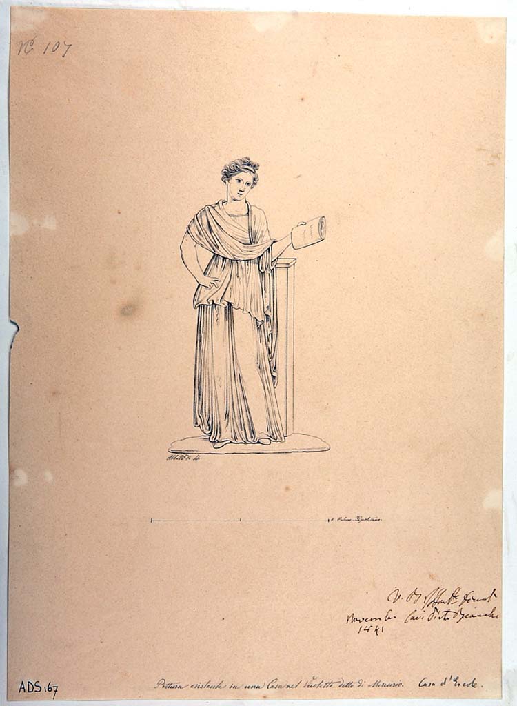 VI.7.6 Pompeii. Room 10, pen and ink drawing by Giuseppe Abbate, 1841, showing the Muse Clio, or Calliope, (Helbig 862). 
Due to the deterioration of the painted plaster it is not possible to find the actual location of this painted panel.
Now in Naples Archaeological Museum. Inventory number ADS 167.
Photo © ICCD. http://www.catalogo.beniculturali.it
Utilizzabili alle condizioni della licenza Attribuzione - Non commerciale - Condividi allo stesso modo 2.5 Italia (CC BY-NC-SA 2.5 IT)