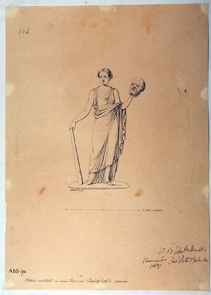 VI.7.6 Pompeii. Room 10, pen and ink drawing by Giuseppe Abbate, 1841, showing the Muse Melpomene (Helbig 873). 
Due to the deterioration of the painted plaster it is not possible to find the actual location of this painted panel.
Now in Naples Archaeological Museum. Inventory number ADS 170.
Photo © ICCD. http://www.catalogo.beniculturali.it
Utilizzabili alle condizioni della licenza Attribuzione - Non commerciale - Condividi allo stesso modo 2.5 Italia (CC BY-NC-SA 2.5 IT)