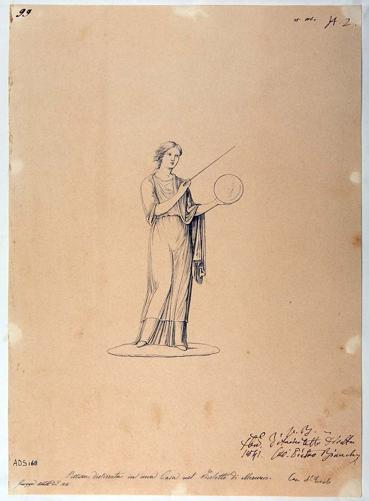 VI.7.6 Pompeii. Room 10, pen and ink drawing by Giuseppe Abbate, 1841, showing the Muse Urania (Helbig 892). 
Due to the deterioration of the painted plaster it is not possible to find the actual location of this painted panel.
Now in Naples Archaeological Museum. Inventory number ADS 168.
Photo © ICCD. http://www.catalogo.beniculturali.it
Utilizzabili alle condizioni della licenza Attribuzione - Non commerciale - Condividi allo stesso modo 2.5 Italia (CC BY-NC-SA 2.5 IT)