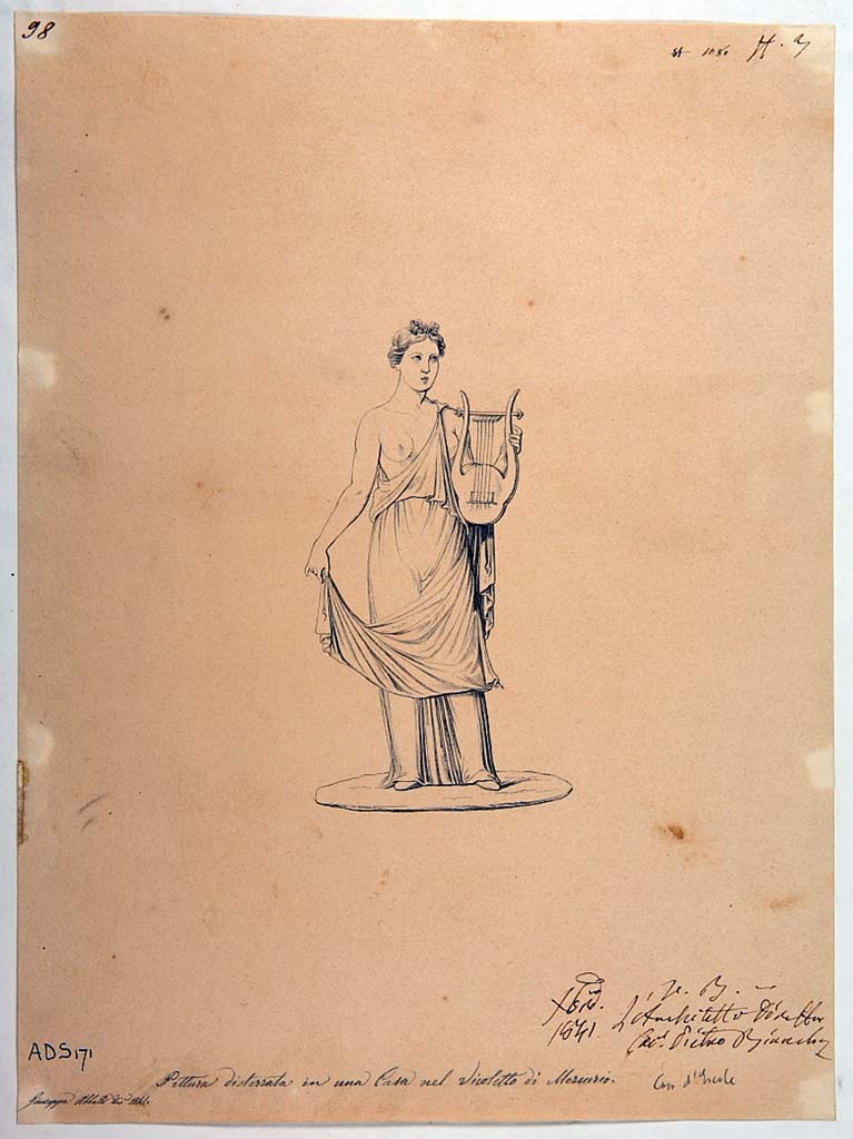 VI.7.6 Pompeii. Room 10, pen and ink drawing by Giuseppe Abbate, 1841, showing the Muse Erato (Helbig 867). 
Due to the deterioration of the painted plaster it is not possible to find the actual location of this painted panel.
Now in Naples Archaeological Museum. Inventory number ADS 171.
Photo © ICCD. http://www.catalogo.beniculturali.it
Utilizzabili alle condizioni della licenza Attribuzione - Non commerciale - Condividi allo stesso modo 2.5 Italia (CC BY-NC-SA 2.5 IT)