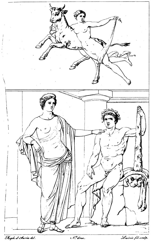 VI.7.6 Pompeii. Pre-1827 drawing of wall paintings, according to RMB found in the same room. 
Drawing of a young woman holding onto the neck of a bull, (top).
According to RMB, this painting was found in the centre of the wall opposite the lower drawing.
It was thought to be an interpretation of Jupiter kidnapping Europa, (Europa on the bull) but in this painting it was recognised as a Bacchante celebrating with the Dionysian bull. 
Drawing of wall painting of Hercules and Iole, (lower).
According to RMB, this painting came from a room of a small house behind the Crypt of the Building of Eumachia.
It shows Hercules crowned with oak sitting on a lion’s skin, holding his club, with Iole. 
See Real Museo Borbonico: Vol. III, 1827, Tav. XIX.
(Note, the description of the house as being from a house behind the Crypt of Eumachia’s building, would seem to locate it as from VII.9.60/63.
That location also provided a drawing of a painting of Europa on the bull, which seems very similar. However, in that room is no mention of Hercules and Iole.
In this house, VI.7.6, there is mention of a painting of Hercules and Iole on the east wall of the triclinium, but no mention of Europa or a Bacchante.)