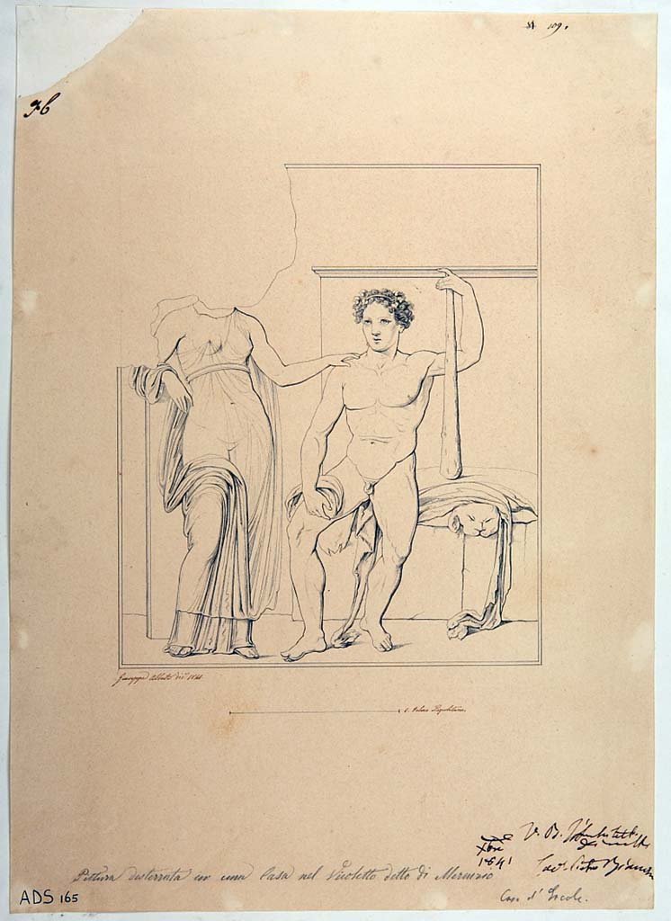 VI.7.6 Pompeii. Room 10, east wall of triclinium. Drawing by Giuseppe Abbate (1841-1842) showing Hercules and Omphale. (Helbig 1148). 
Now in Naples Archaeological Museum. Inventory number ADS 165.
Photo © ICCD. http://www.catalogo.beniculturali.it
Utilizzabili alle condizioni della licenza Attribuzione - Non commerciale - Condividi allo stesso modo 2.5 Italia (CC BY-NC-SA 2.5 IT)