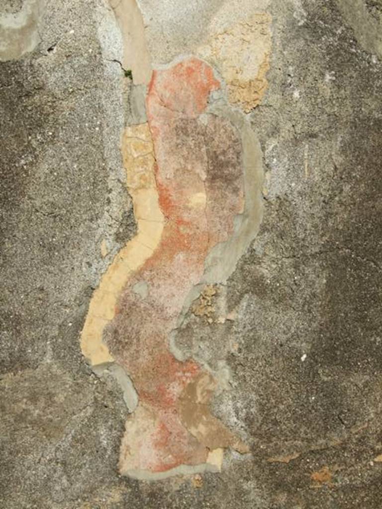 VI.7.6 Pompeii. March 2009. Room 10, east wall of triclinium, with remains of painted wall plaster, a Muse with zither.