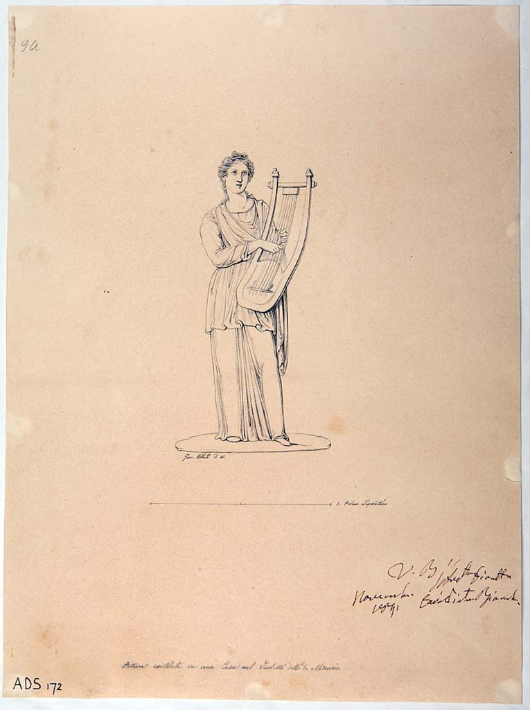 VI.7.6 Pompeii. Room 10, east wall of triclinium. Drawing by Giuseppe Abbate, 1841, showing the Muse, Terpsichore, with zither. (Helbig 870)
Now in Naples Archaeological Museum. Inventory number ADS 172.
Photo © ICCD. http://www.catalogo.beniculturali.it
Utilizzabili alle condizioni della licenza Attribuzione - Non commerciale - Condividi allo stesso modo 2.5 Italia (CC BY-NC-SA 2.5 IT)