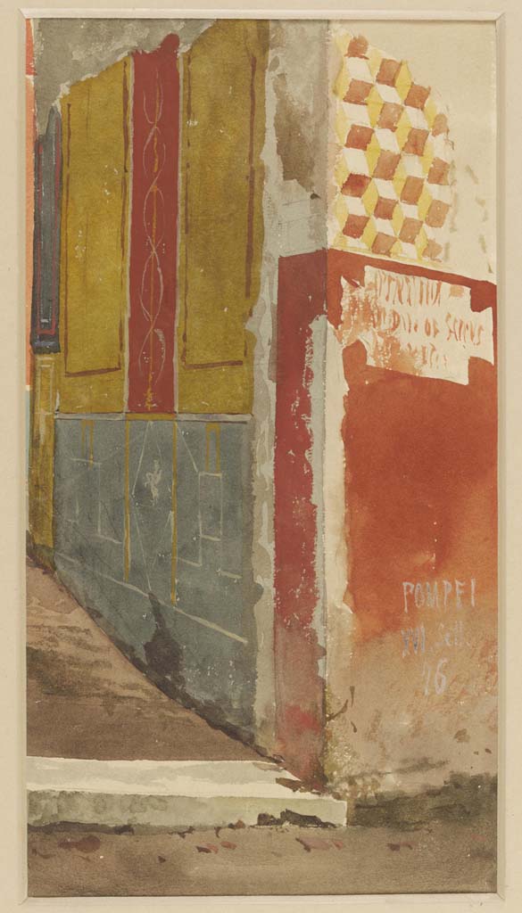 VI.7.6 Pompeii.  16th September 1876. Watercolour by Luigi Bazzani.
Looking towards entrance doorway on north side of Vicolo di Mercurio.
Photo © Victoria and Albert Museum. Inventory number 2058-1900.