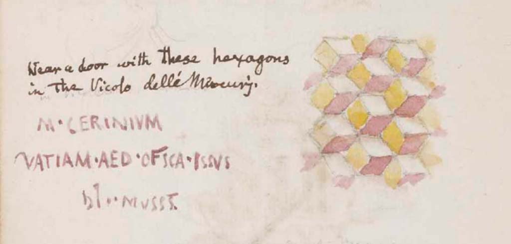 VI.7.6 Pompeii. c.1830. Drawing by Gell showing inscription and hexagons from Vicolo di Mercurio.
See Gell, W. Sketchbook of Pompeii, c.1830. 
See book from Van Der Poel Campanian Collection on Getty website http://hdl.handle.net/10020/2002m16b425
