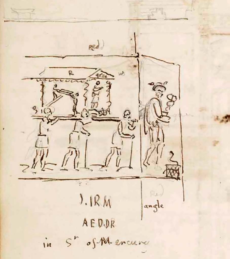 VI.7.9 Pompeii. c.1830. Drawing by Gell showing Procession of the Carpenters and Mercury.   
See Gell, W. Sketchbook of Pompeii, c.1830. 
See book from Van Der Poel Campanian Collection on Getty website http://hdl.handle.net/10020/2002m16b425