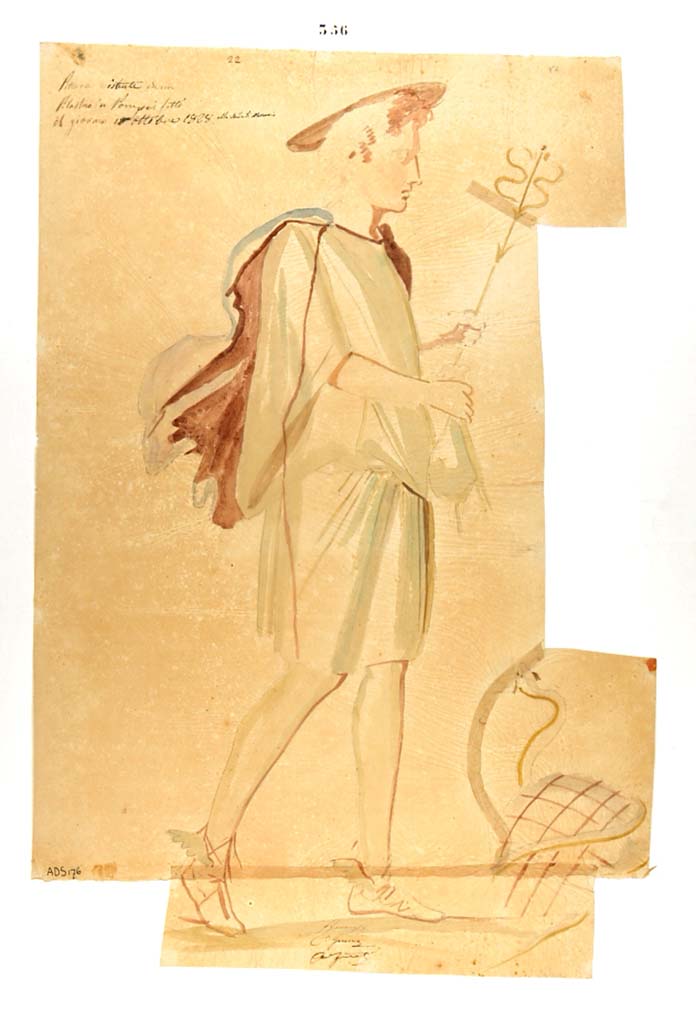 VI.7.9 Pompeii. Watercolour painted 18th October 1828 by Giuseppe Marsigli, showing the figure of Mercury with purse, omphalos and serpent.
This painting was seen on the pilaster on the upper left side of the doorway at VI.7.9, this painting has now faded and disappeared.
Now in Naples Archaeological Museum. Inventory number ADS 176.
Photo © ICCD. https://www.catalogo.beniculturali.it/
Utilizzabili alle condizioni della licenza Attribuzione - Non commerciale - Condividi allo stesso modo 2.5 Italia (CC BY-NC-SA 2.5 IT)