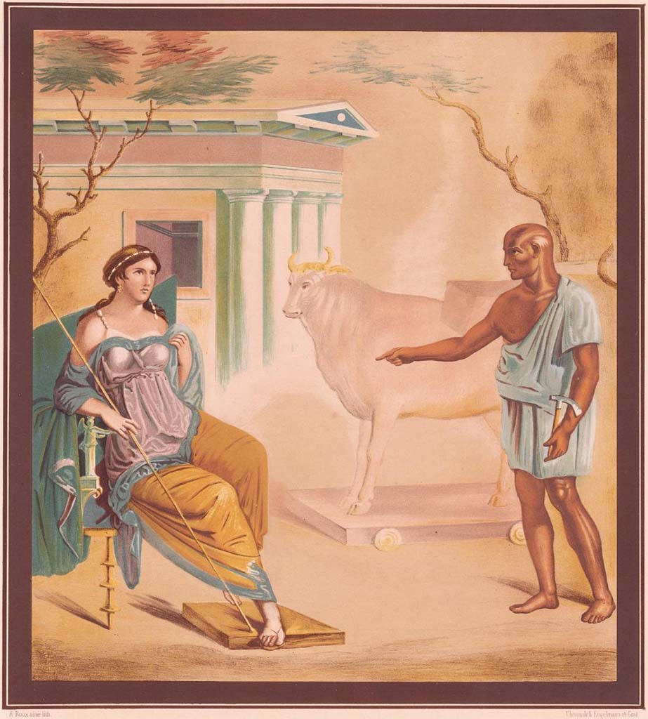 VI.7.9 Pompeii. 1846 painting by H. Roux of a painting of Daedalus showing Pasiphae the wooden cow, found on the entrance pillar. 
According to Helbig, allegedly identical paintings were found on the entrance pillar of VI.7.9 (Helbig 1207) and in the tablinum of VII.4.48 (Helbig 1206).
See Helbig, W., 1868. Wandgemälde der vom Vesuv verschütteten Städte Campaniens. Leipzig: Breitkopf und Härtel, 1207.
See Raoul-Rochette M., 1846. Choix de Peintures de Pompei. Paris : L’Imprimerie Royale, pl. 13.