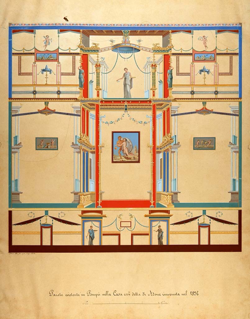 VI.7.18 Pompeii. Painting by Antonio Ala, 1854, of wall existing in house which was found in 1836.
Now in Naples Archaeological Museum. Inventory number ADS 179.
Photo © ICCD. http://www.catalogo.beniculturali.it
Utilizzabili alle condizioni della licenza Attribuzione - Non commerciale - Condividi allo stesso modo 2.5 Italia (CC BY-NC-SA 2.5 IT)