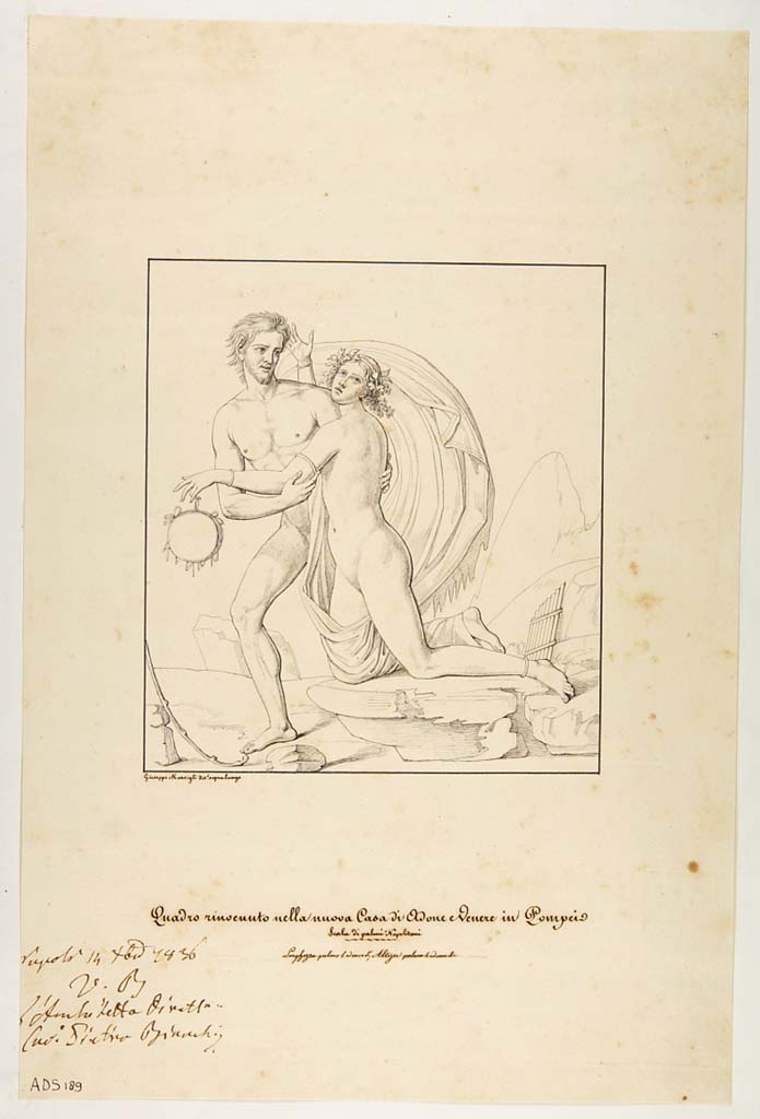 VI.7.18 Pompeii. Pen and ink drawing by Giuseppe Marsigli, 1836, detail of central wall painting of Satyr and Maenad.
Now in Naples Archaeological Museum. Inventory number ADS 189.
Photo © ICCD. http://www.catalogo.beniculturali.it
Utilizzabili alle condizioni della licenza Attribuzione - Non commerciale - Condividi allo stesso modo 2.5 Italia (CC BY-NC-SA 2.5 IT)
See Helbig, W., 1868. Wandgemälde der vom Vesuv verschütteten Städte Campaniens. Leipzig: Breitkopf und Härtel, 547.