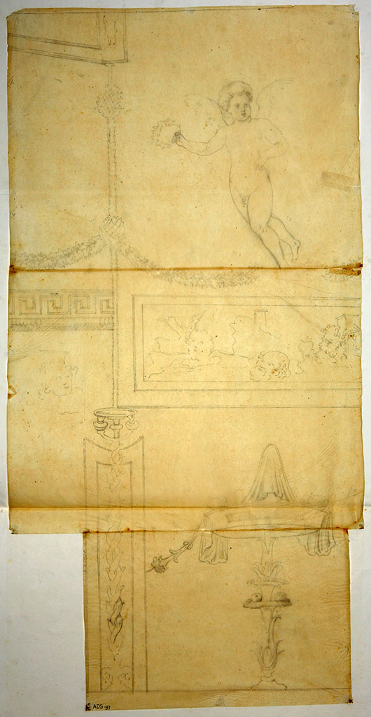 VI.7.18 Pompeii. 
Drawing by Antonio Ala of flying cupid figure from above upper side panel of wall.
Now in Naples Archaeological Museum. Inventory number ADS 197.
Photo © ICCD. https://www.catalogo.beniculturali.it
Utilizzabili alle condizioni della licenza Attribuzione - Non commerciale - Condividi allo stesso modo 2.5 Italia (CC BY-NC-SA 2.5 IT)