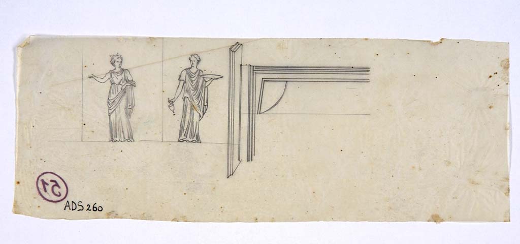 VI.7.18 Pompeii. Pen and ink drawing by Antonio Ala, of two figures from zoccolo of south wall of oecus/cubiculum, together with detail of the top end of their panel.
Now in Naples Archaeological Museum. Inventory number ADS 260.
Photo © ICCD. http://www.catalogo.beniculturali.it
Utilizzabili alle condizioni della licenza Attribuzione - Non commerciale - Condividi allo stesso modo 2.5 Italia (CC BY-NC-SA 2.5 IT)