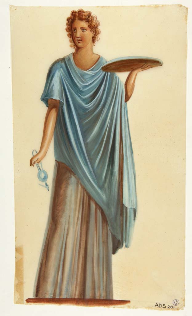 VI.7.18 Pompeii. Painting by Antonio Ala, of figure from east side of zoccolo of south wall of oecus/cubiculum.
Now in Naples Archaeological Museum. Inventory number ADS 201.
Photo © ICCD. http://www.catalogo.beniculturali.it
Utilizzabili alle condizioni della licenza Attribuzione - Non commerciale - Condividi allo stesso modo 2.5 Italia (CC BY-NC-SA 2.5 IT)