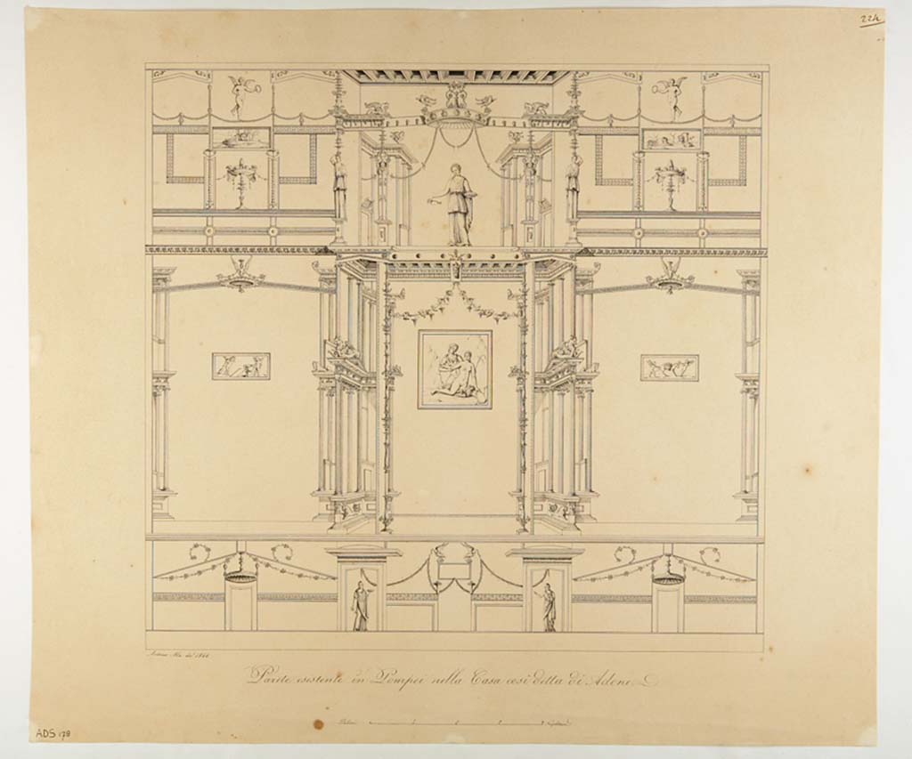 VI.7.18 Pompeii. Pen and ink drawing by Antonio Ala, 1844, showing a wall of oecus/cubiculum with central painting of Satyr and Maenad.
Although this drawing is described as being the south wall, the central painting of this Satyr and Maenad would appear to be the one, as described by Helbig (548), as being from another wall of the same room.
Now in Naples Archaeological Museum. Inventory number ADS 178.
Photo © ICCD. http://www.catalogo.beniculturali.it
Utilizzabili alle condizioni della licenza Attribuzione - Non commerciale - Condividi allo stesso modo 2.5 Italia (CC BY-NC-SA 2.5 IT)