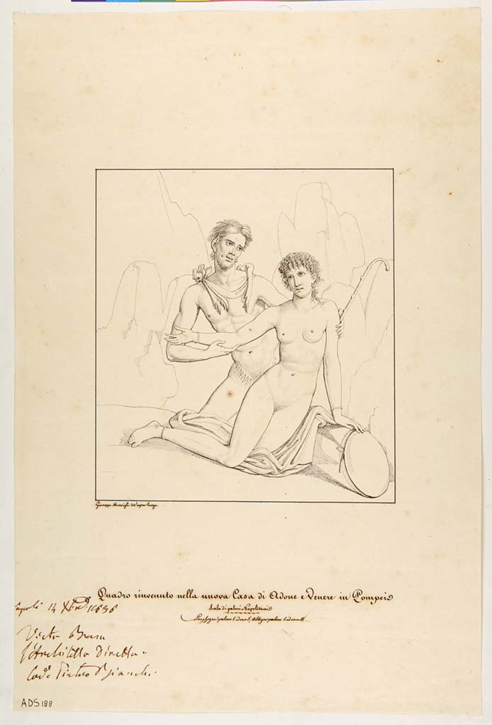 VI.7.18 Pompeii. Pen and ink drawing by Giuseppe Marsigli, 
“Of another painting also of Satyr and Maenad (Helbig 548) placed on one of the long walls of oecus/cubiculum, we have this design by Marsigli.”
Whereas this painting in the design of A. Ala (above), which reproduces the entire south wall of the oecus/cubiculum, was wrongly placed at the centre of the same.
Now in Naples Archaeological Museum. Inventory number ADS 188.
Photo © ICCD. http://www.catalogo.beniculturali.it
Utilizzabili alle condizioni della licenza Attribuzione - Non commerciale - Condividi allo stesso modo 2.5 Italia (CC BY-NC-SA 2.5 IT)