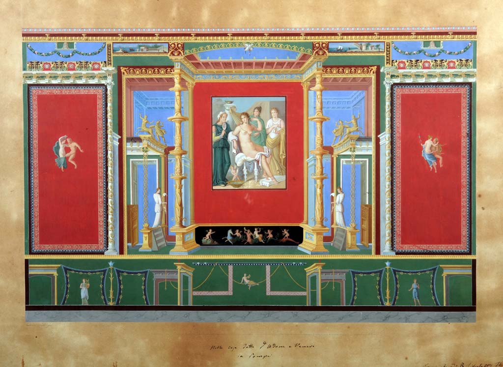 VI.7.18 Pompeii. Painting by Giuseppe Abbate showing the east wall of oecus, April – June 1842.
This painting was faithfully reproduced from the original wall other than the green zoccolo, which was in fact painted black.
Now in Naples Archaeological Museum. Inventory number ADS 202.
Photo © ICCD. http://www.catalogo.beniculturali.it
Utilizzabili alle condizioni della licenza Attribuzione - Non commerciale - Condividi allo stesso modo 2.5 Italia (CC BY-NC-SA 2.5 IT)
